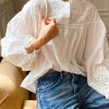 White Hollow Out Loose Cotton Blouse Embroidered Butterfly Sleeve