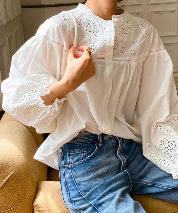 White Hollow Out Loose Cotton Blouse Embroidered Butterfly Sleeve