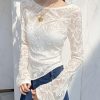 White Jacquard Slim Fit Tulle T Shirts Asymmetrical Flare Sleeve