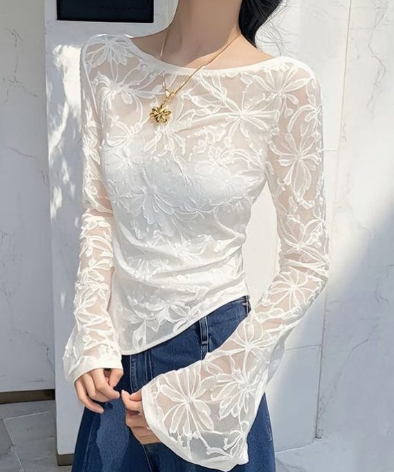 White Jacquard Slim Fit Tulle T Shirts Asymmetrical Flare Sleeve