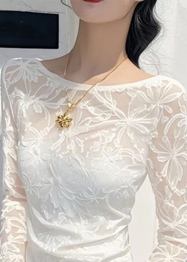 White Jacquard Slim Fit Tulle T Shirts Asymmetrical Flare Sleeve - Image 3