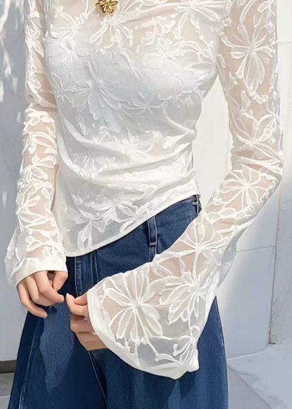 White Jacquard Slim Fit Tulle T Shirts Asymmetrical Flare Sleeve - Image 4
