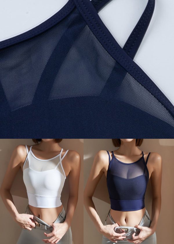 White O-Neck Patchwork Tulle Yoga Top - Image 5