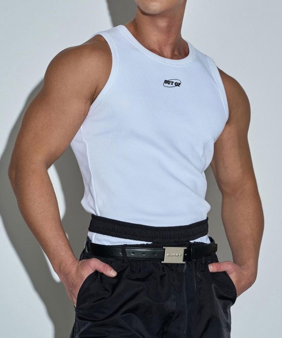 White Print Slim Fit Cotton Mens Tank O Neck Sleeveless