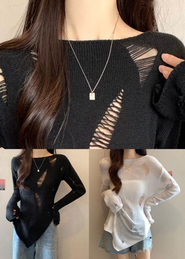 White Side Open Solid Knit Spring Sweater Hollow Out - Image 5