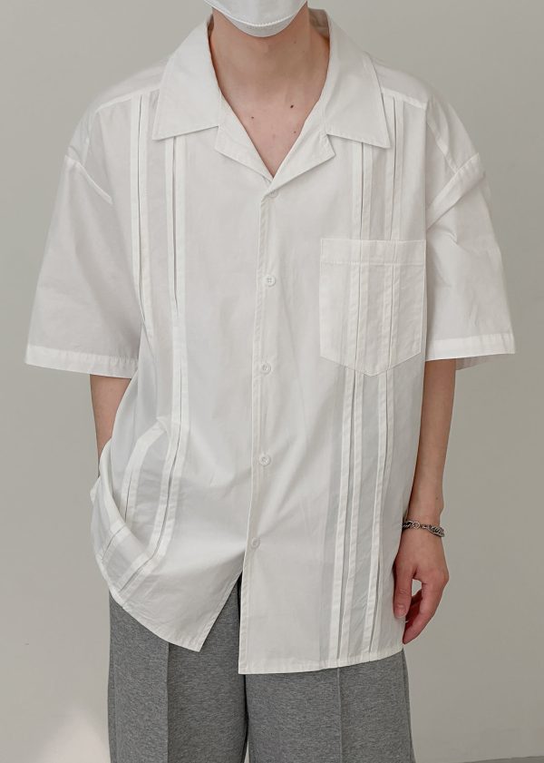 White Solid Pockets Cotton Men Shirt Peter Pan Collar Summer - Image 2