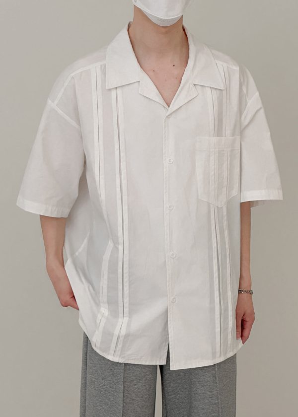 White Solid Pockets Cotton Men Shirt Peter Pan Collar Summer - Image 3