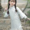White Stand Collar Patchwork Girls Long Dresses Flare Sleeve