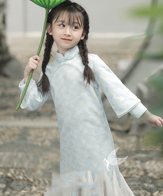 White Stand Collar Patchwork Girls Long Dresses Flare Sleeve