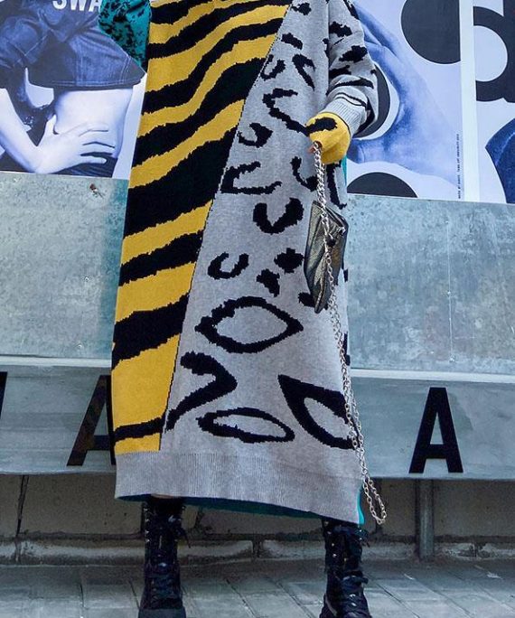 Winter o neck baggy Sweater outfits Upcycle yellow print tunic knit dresses