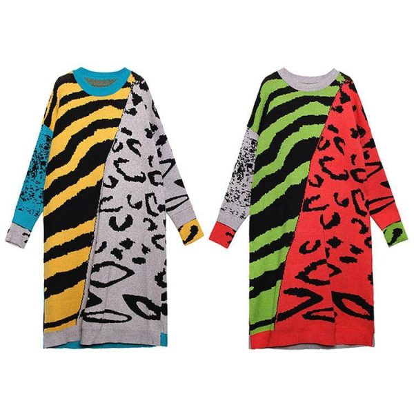 Winter o neck baggy Sweater outfits Upcycle yellow print tunic knit dresses - Image 5