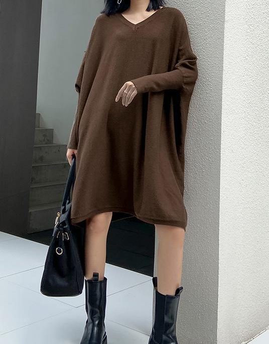 Winter v neck Batwing Sleeve Sweater weather Women chocolate Largo knitted dress