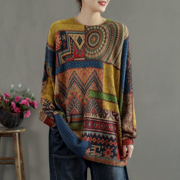 Winter Abstract Pattern Knitted Blouse Casual O Neck Knitted t Shirt - Image 3