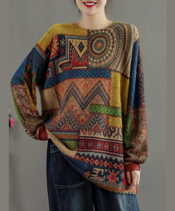 Winter Abstract Pattern Knitted Blouse Casual O Neck Knitted t Shirt