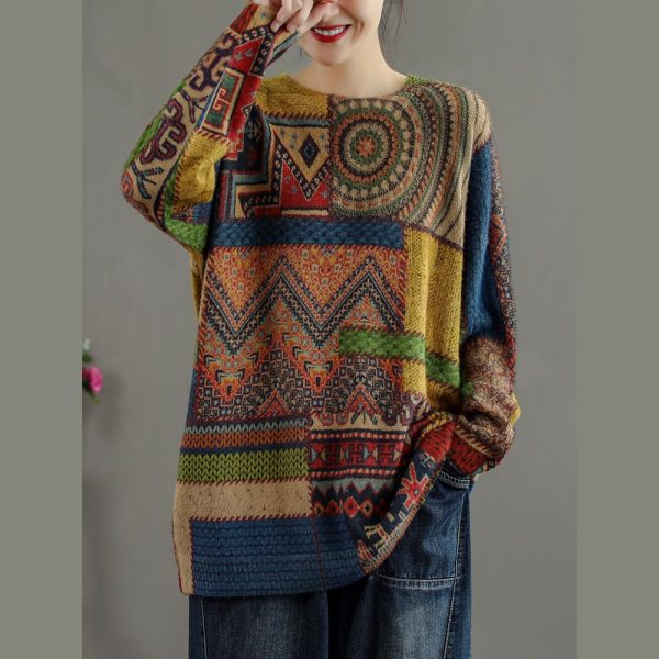 Winter Abstract Pattern Knitted Blouse Casual O Neck Knitted t Shirt - Image 2