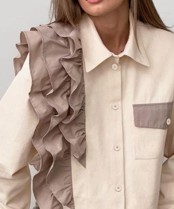 Women Apricot Ruffled Peter Pan Collar Ruffled Patchwork Shirt Spring
