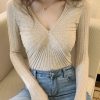 Women Apricot Silm Fit Wrinkled Knit Shirts Spring