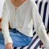 Women Beige Lace Up Solid Thin Knit Top Spring