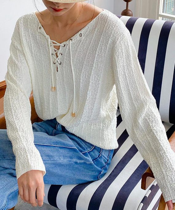 Women Beige Lace Up Solid Thin Knit Top Spring