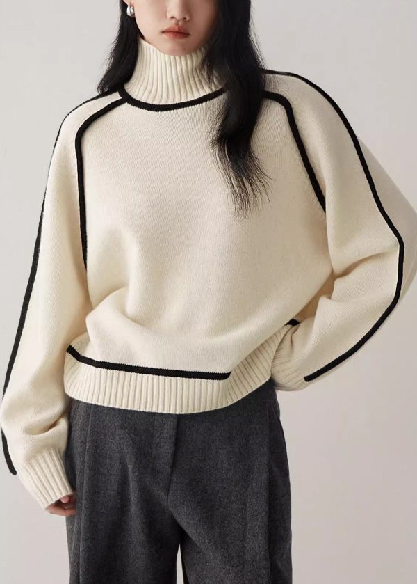 Women Beige Turtleneck Cozy Patchwork Knit Sweater Spring - Image 2
