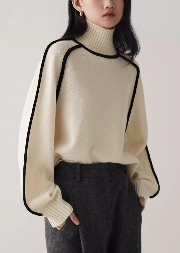 Women Beige Turtleneck Cozy Patchwork Knit Sweater Spring - Image 3