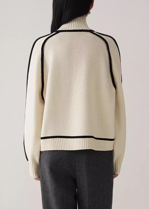Women Beige Turtleneck Cozy Patchwork Knit Sweater Spring - Image 4