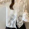 Women Beige V Neck Button Lace Shirt Flare Sleeve