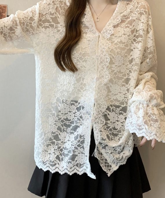 Women Beige V Neck Button Lace Shirt Flare Sleeve