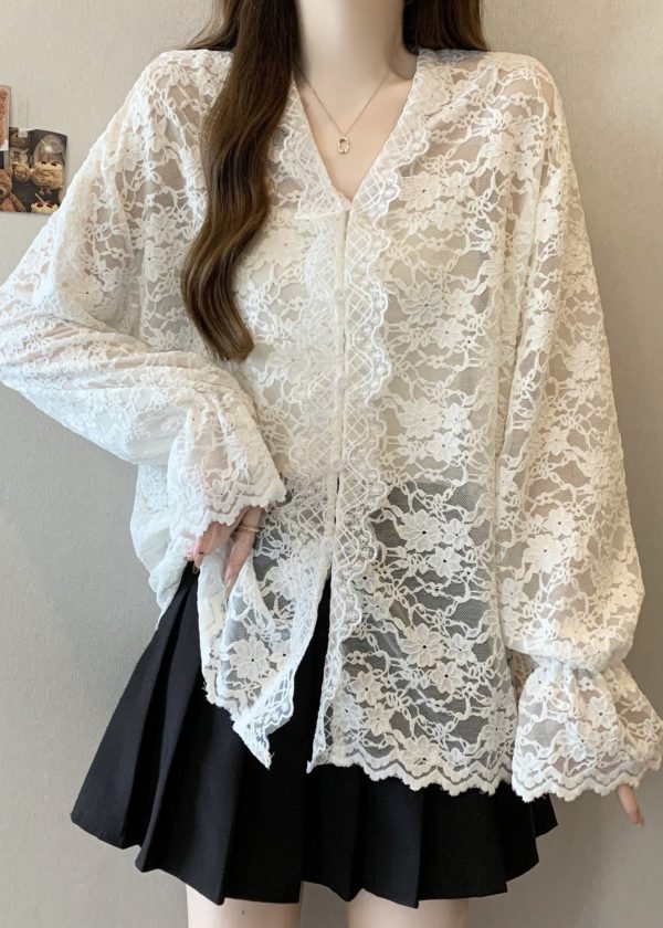 Women Beige V Neck Button Lace Shirt Flare Sleeve - Image 2