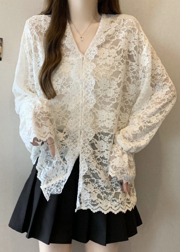 Women Beige V Neck Button Lace Shirt Flare Sleeve - Image 3