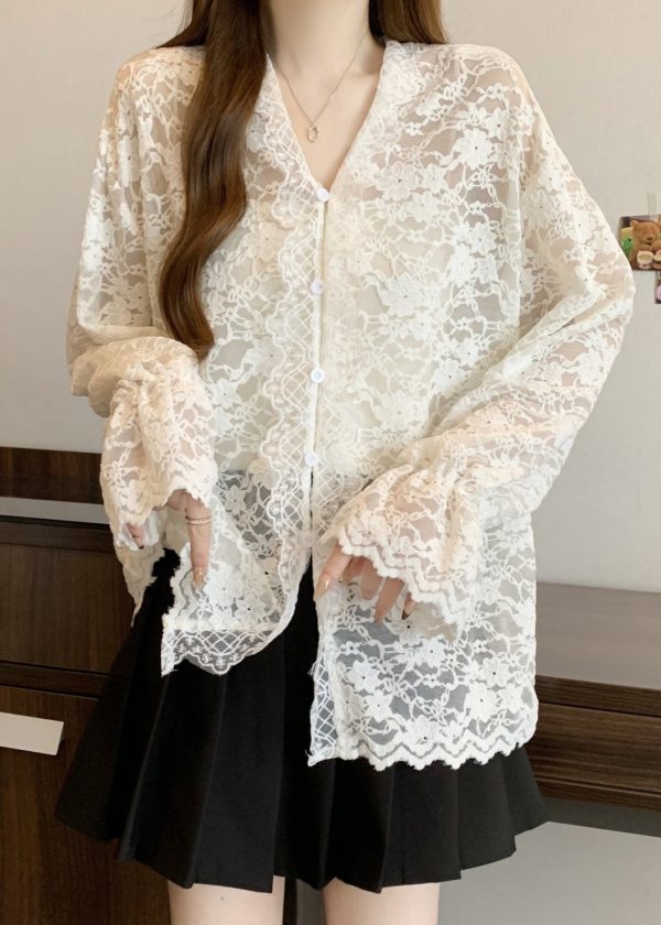 Women Beige V Neck Button Lace Shirt Flare Sleeve - Image 4