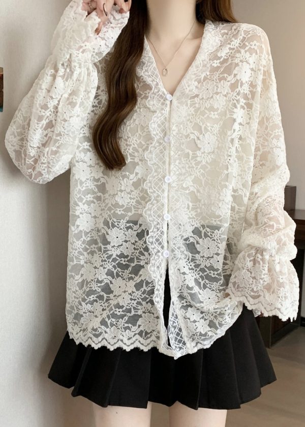 Women Beige V Neck Button Lace Shirt Flare Sleeve - Image 5