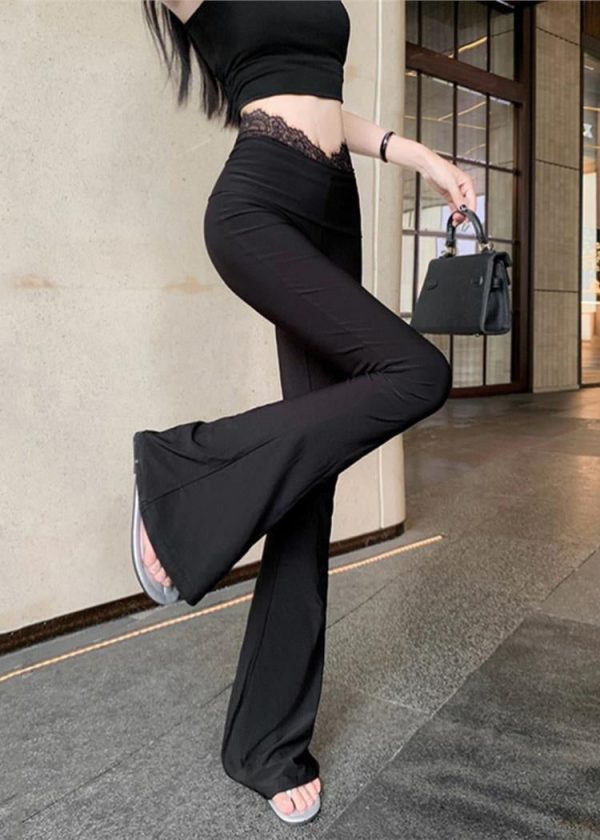 Women Black Mesh Panel Leggings Bell Bottom Leggings - Image 3