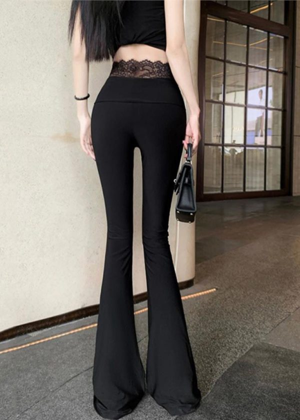 Women Black Mesh Panel Leggings Bell Bottom Leggings - Image 4