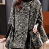 Women Black O Neck Ruffled Jacquard Woolen Coats Batwing Sleeve