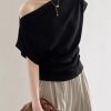 Women Black Slash Neck Solid Cotton T Shirt Summer