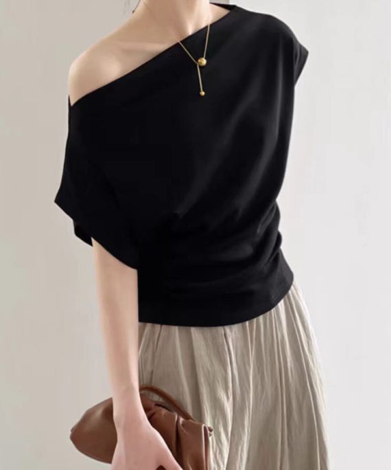 Women Black Slash Neck Solid Cotton T Shirt Summer