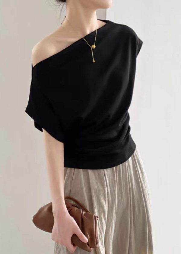 Women Black Slash Neck Solid Cotton T Shirt Summer