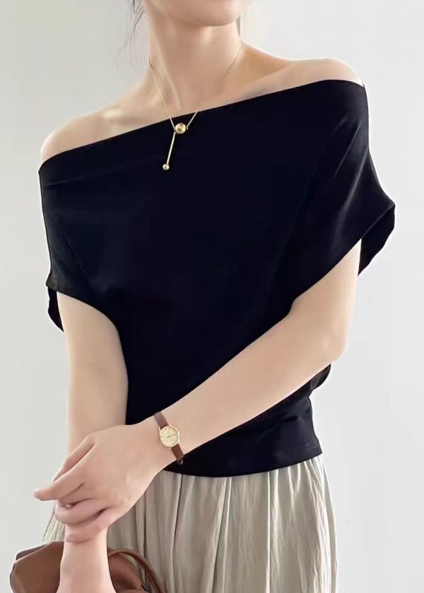Women Black Slash Neck Solid Cotton T Shirt Summer - Image 2