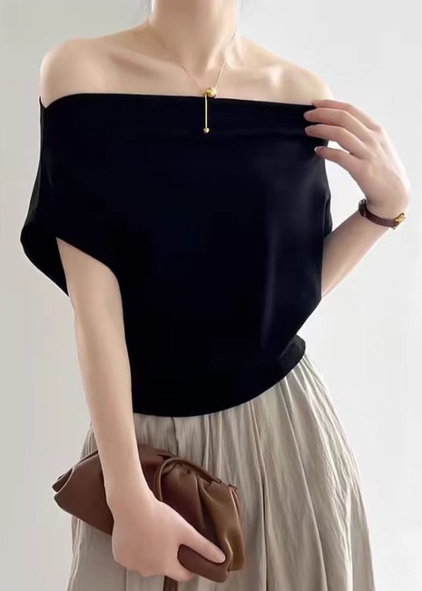 Women Black Slash Neck Solid Cotton T Shirt Summer - Image 3