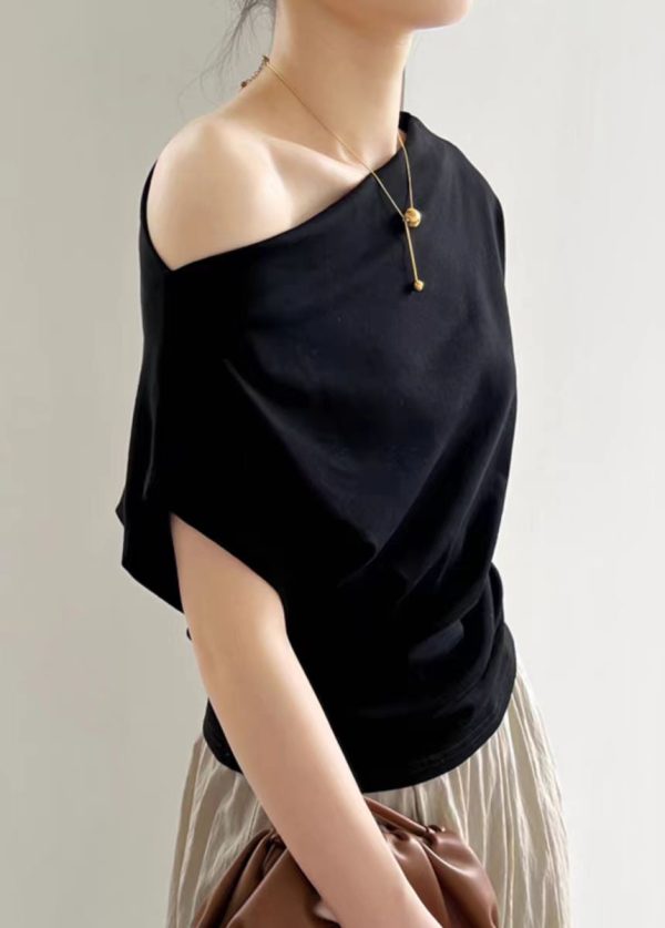Women Black Slash Neck Solid Cotton T Shirt Summer - Image 4