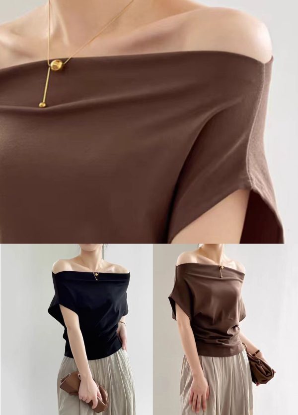 Women Black Slash Neck Solid Cotton T Shirt Summer - Image 5