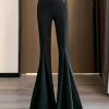 Women Black Solid Elastic Waist Spandex Flared Trousers Spring