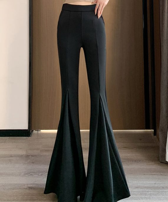 Women Black Solid Elastic Waist Spandex Flared Trousers Spring