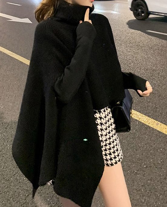 Women Black Turtleneck Asymmetrical Knit Cape Sweaters Spring