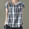 Women Black White Plaid Peter Pan Collar Cotton Shirts Summer