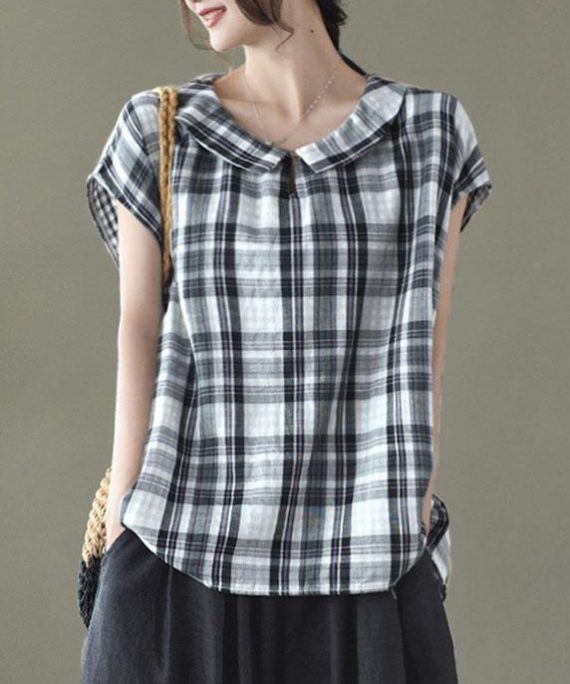 Women Black White Plaid Peter Pan Collar Cotton Shirts Summer