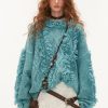 Women Blue Cold Shoulder Tassel Thick Cotton Knit Sweaters Winter