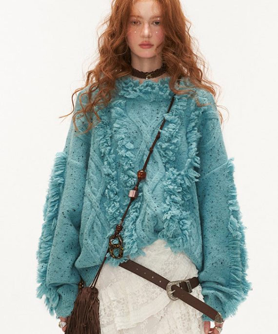 Women Blue Cold Shoulder Tassel Thick Cotton Knit Sweaters Winter