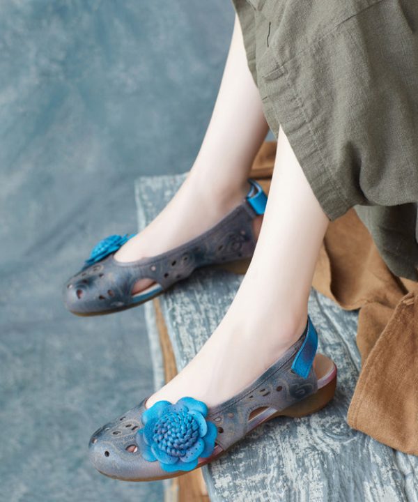Women Blue Cowhide Splicing Buckle Strap Sandals - Image 2